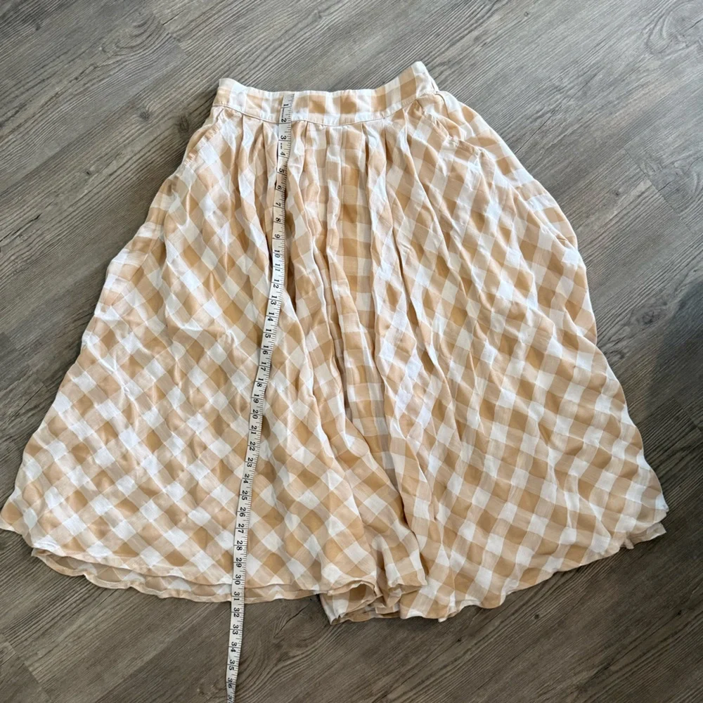 Mable Gingham Midi Skirt Beige Cream Pockets Cottagecore Size Large - Picture 2 of 7